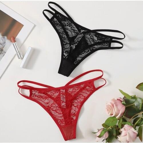 2PC Women Lingerie Sexy Lace Open Crotch Thong Panties Solid Temptation G-String Lingerie Underwear string ouvert entrejambe 03