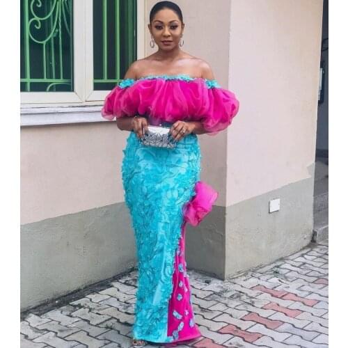 Contrast Mermaid Evening Dresses Off The Shoulder 3D Appliques Plus Size Prom Dress African Women Formal Wear Party Gowns