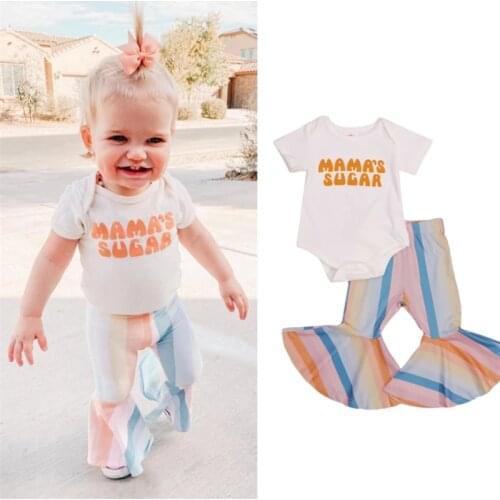 2pcs Baby Girl Summer Clothes Short Sleeve Letter Top And Stripe Flare Pants Toddler Girl Outfits Set 2021 Fashion
