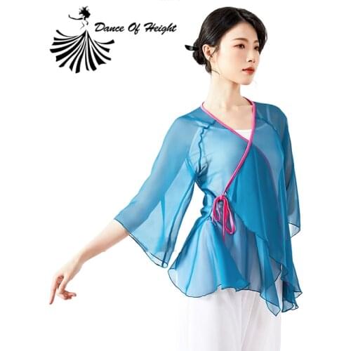 2021 Summer Classical Dance Shirt Chinese Folk Dance Costume Gauze Outer Cloak V Neck Half Sleeve Side Lacing Practice Clothes