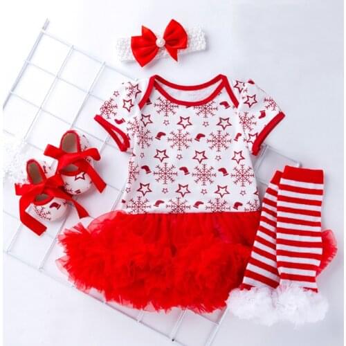 Hot Baby Girl Clothing 4pcs Clothes Sets Newborn Cotton Rompers Tutu Dress Cute Snowflake Clothing Baby First Christmas Outfits