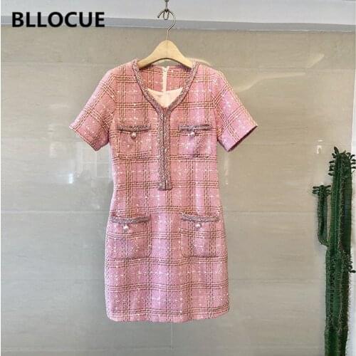 BLLOCUE Small Fragrant Short Sleeve A-line Mini Dress 2019 Autumn Winter Women Tweed Plaid Weave Twill Pocket Wool Dress