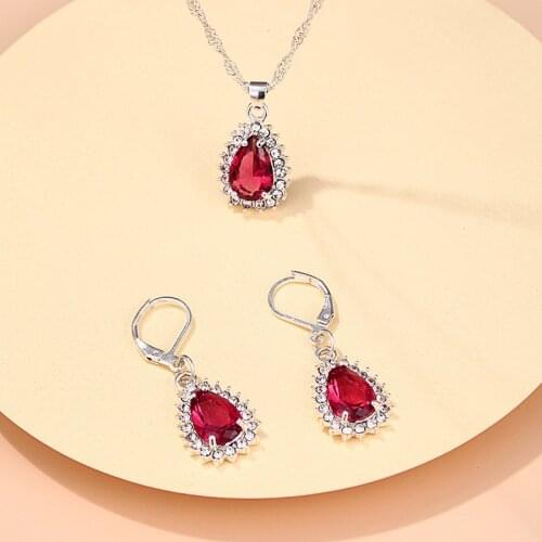 Fashion Silver Color Charm Jewelry Sets For Women Luxury Water drop Red CZ Crystal Necklace Earrings Female Wedding Jewelry Set