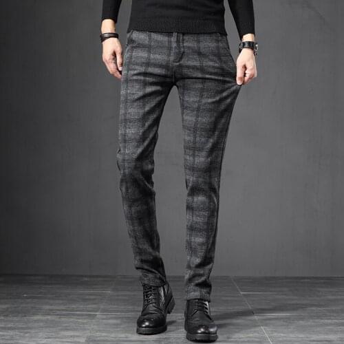 2021 New Autumn Winter Thick Classic Plaid Mens Casual Pants Business Fashion Black Blue Grey Elastic Fit Jobs Trousers Male 38