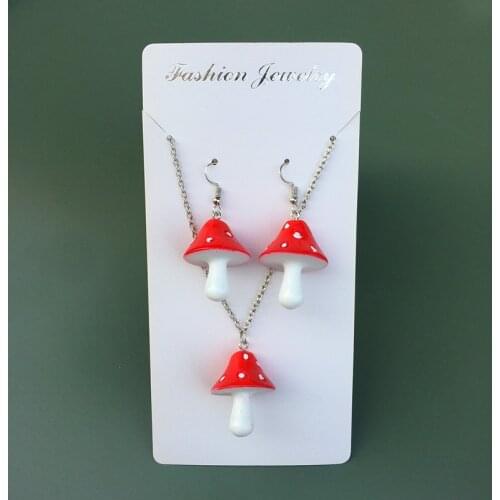 Mushroom Necklace and Earrings Set Amanita Muscaria Jewelry for Women White Spotted Mushroom Fairy Necklace and Earring Set K2D3
