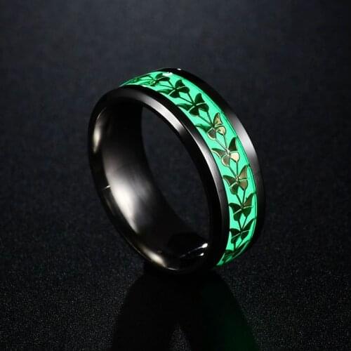 Luminous Plated Ring Dark Silvery Butterfly Inlay Green Background Fashion Men Fluorescent Glowing Rings For Women