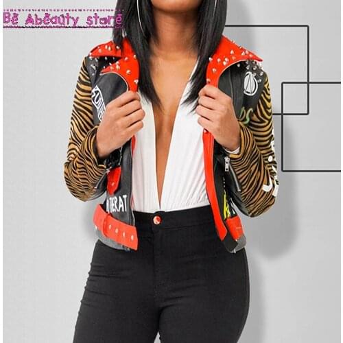 Womens Studded Leather Printing Casual Fashion Coat Rivet Cool and Show Charm Slim Short Jacket