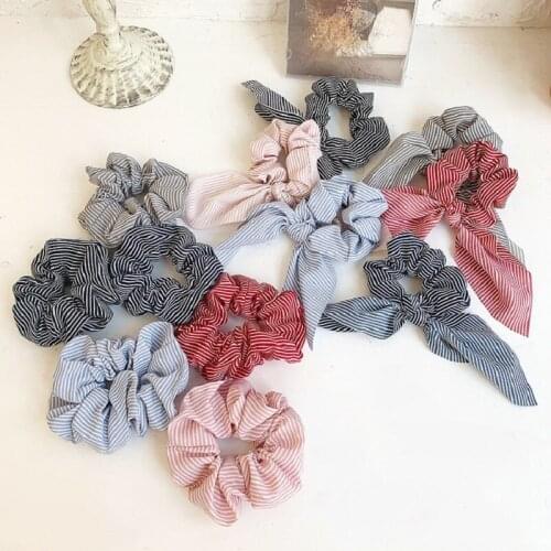 New Trend Rabbit Ears Chiffon Stripe Large Intestine Hair Ring Retro Young Girl Women Elegant All-match Ponytail Hair Accessory