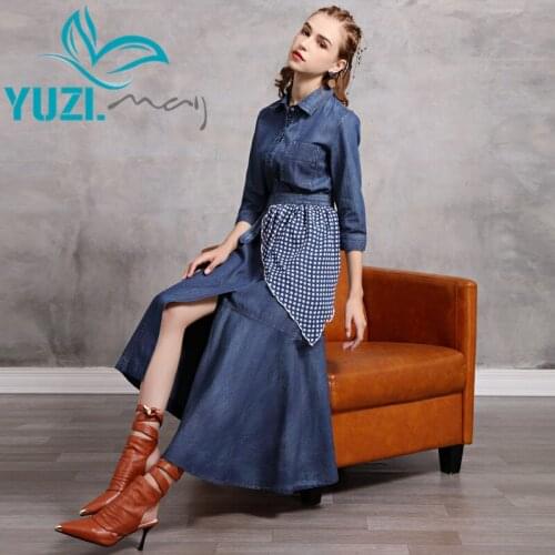 Woman Dress 2020 Yuzi.may Boho New Denim Women Dresses Turn-down Collar Patchwork Asymmetrical Hem Vestido A82261 Vestidos