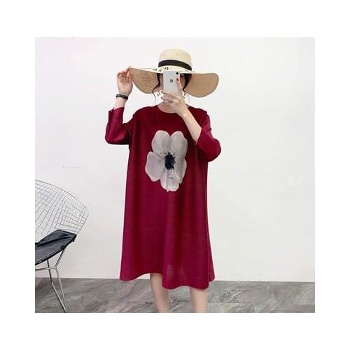 HOT SELLING Miyake Plum blossom print pleated loose o-neck three quarter women DRESS IN STOCK