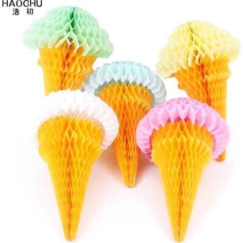 10pcs /lot Cute Ice Cream Shape Paper Honeycomb Pompom Lanterns Flower Birthday Wedding Party Decorations Home Garden DIY Decor
