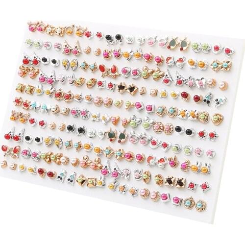 100pairs/set Acrylic Rhinestone Stud Earrings For Women Girls Gold Silver Color Geometric Flower Star Earring Jewelry Brinco