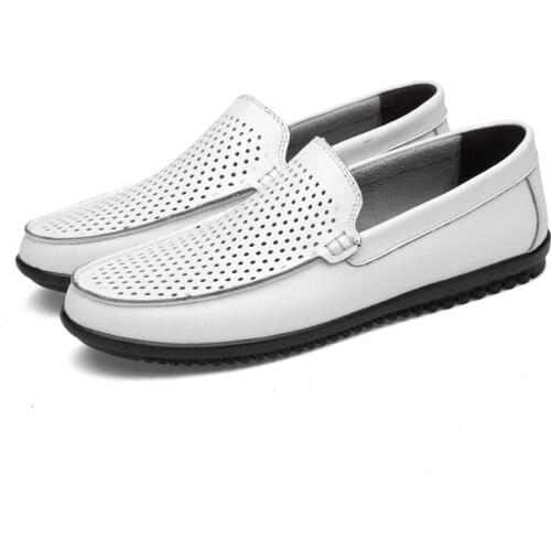 2020 New Summer Mens Shoes Hollow Breathable Mens Loafers Shoes Genuine Leather White Slip On Casual Shoes Female Footwear