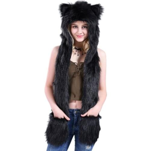 3 In 1 Women Men Fluffy Plush Animal Wolf Leopard Hood Scarf Hat with Paws Mittens Gloves Thicken Winter Warm Earflap Bomber Cap