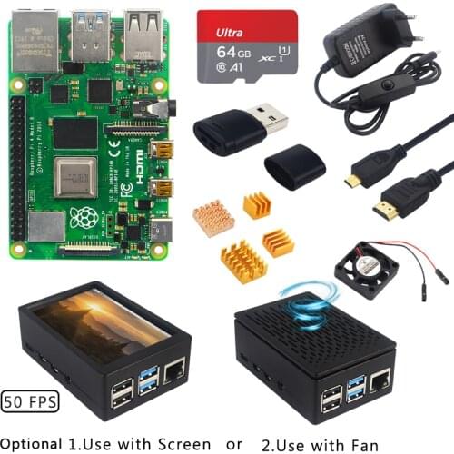 Raspberry Pi 4 Model B Kit 2/4/8GB RAM +64GB SD Card + Case +Heat Sink +Power Adapter + Optional 3.5 Inch LCD or Fan Viceo Cable