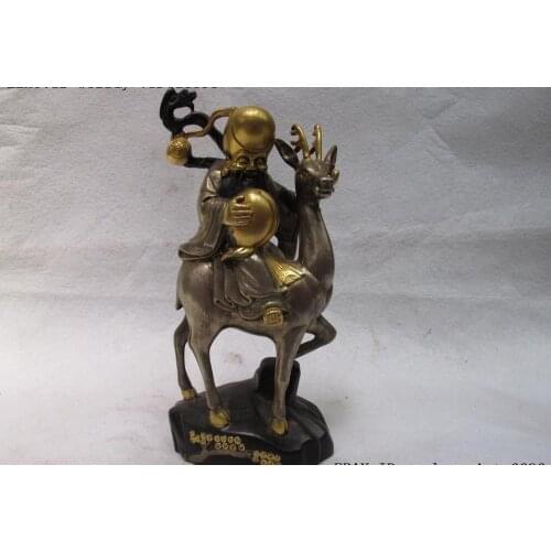 Pure Bronze Copper 24K Gold Silver-Gilt God Of Longevity Ride Deer Peach Statue