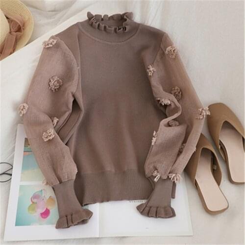 Korean Appliques Flower Jumper Knitted Chiffon Patchwork Women Sweater Fashion Sweet Girl Ruffles Pullover Female