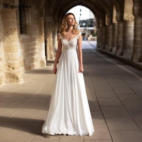 Magic Awn Graceful Chiffon Wedding Dresses Lace Appliques Illusion Princess Boho Wedding Party Dress A-Line Robe De Mariee