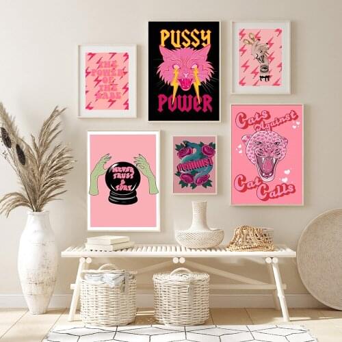 Feminist Fashion Art Pink Girl Power Wall Art Canvas Painting Prints Girls Gift Modern Pictures Living Room Bedroom Wall Poster