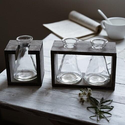 Retro Wood Glass Vase Desktop Home Decoration Planter Flower Vase Wooden Stand Holder for Hydroponics Plants Photography Props