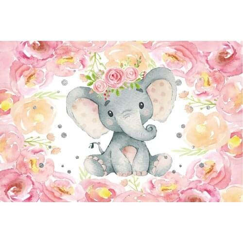 Pink Flowers Baby Elephant Photography Background Holiday Celebration Party Decor Photo Booth Studio Prop