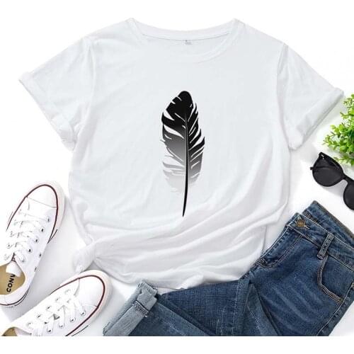 Ouslee Women T-Shirt Cotton Summer Plus Size 5XL Casual Feather Print Short Sleeve O-Neck Graphic Female T-Shirts Tops Tee