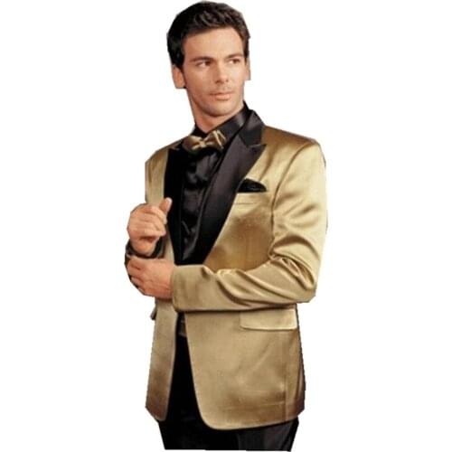 Gold Peak Lapel Tailored Men Coat Pant Casual Single Breasted Men Slim Fit Suit Tuxedo Groom Blazer Wedding Suit