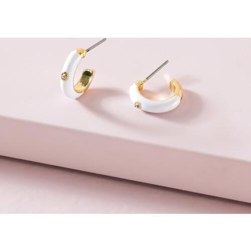 Korean Fashion Multicolor Enamel C-shape Stud Earrings for Women Rhinestone Round Circle Statement Earrings Sweet Color Jewelry