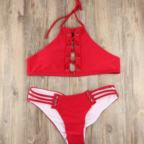 Sexy Women bikini set Hater high neck Summer solid color lace-up bandage Padded low waist swimsuit Fancy maillot de bain Holiday