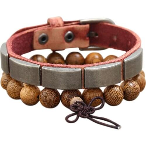 Hot Multilayer Wood Bead Bracelet Mens Casual Fashion Woven Leather Bracelet Alloy Accessories Bangle Retro Punk Wrap Wristband