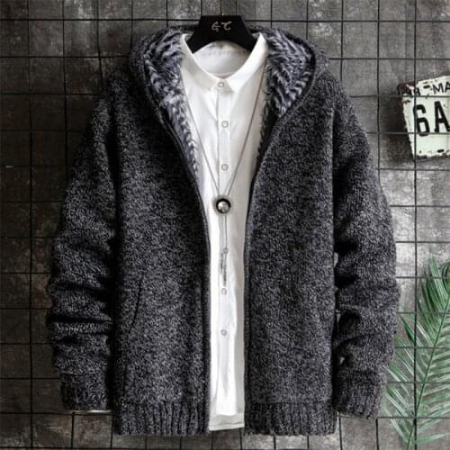 Men Outdoor Winter Knit Warm Jackets Plus Velvet Thicken Thermal Cardigan Sweater Climbing Running Riding Sports Hooded Jackets