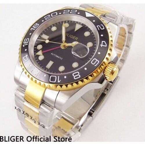 BLIGER 40MM Black Face Mens Watch Ceramic Bezel GMT Function Gold Plated Watchcase Sapphire Automatic Movement Wrist Watch