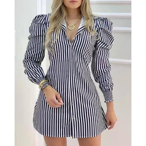 New Womens Striped Puff Sleeve Slim Shirt Dress