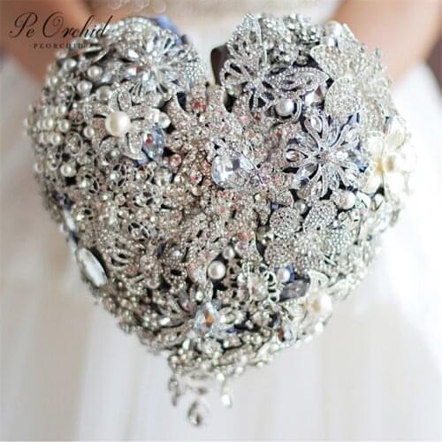 PEORCHID Handmade Silver Crystal Wedding Bouquet Brooch Bling Brides Hand Holding flowers Luxury Diamond Jewelry Bouquets