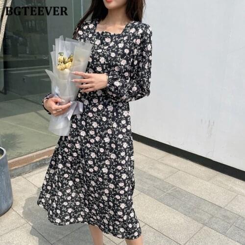 BGTEEVER Vintage Floral Print Lace-up Women Chiffon Dress Square Collar Full Sleeve Female A-line Dress Elegant Spring Vestidos