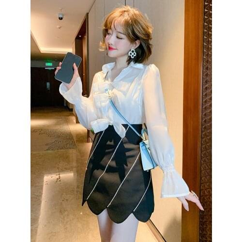 Diamond bow flared sleeve shirt+Womens dress with half skirt lace 2021 Spring new High Quality Top Quality