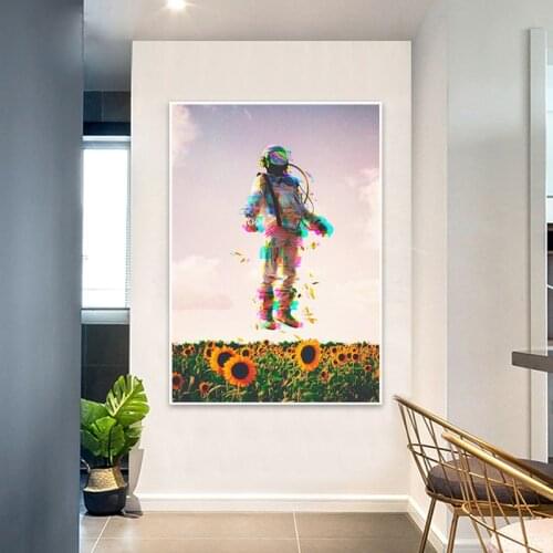 Modern Pop Boys Room Decoration Pictures Astronaut Poster And Prints Cosmonaut In The Sunflower Field Canvas Painting Frameless