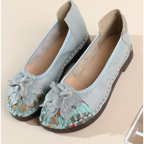 Genuine Leather Leather Shoes Women Summer Ethnic Style Handmade Floral Soft Anti-Odor Woman Flats 2021 Arrival Female Loafers