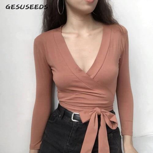 Wrap crop top long sleeve shirt women vintage v neck t shirts for women tshirt sexy shirt korean clothes fall 2019