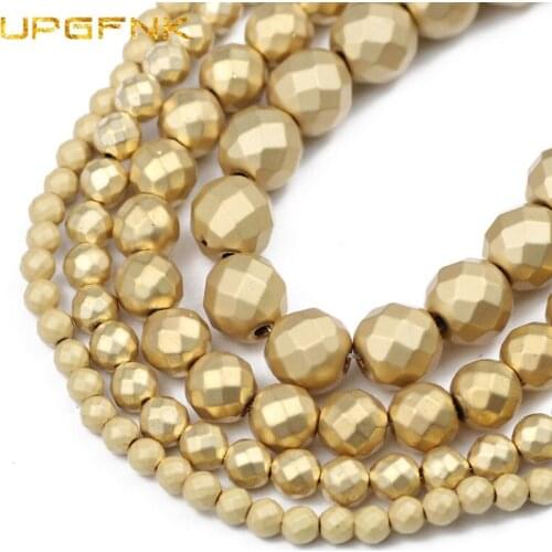 UPGFNK Matte 14 KC Gold Hematite Natural Stone 2/3/4/6/8/10mm Faceted Round Spacer Loose Beads For Jewelry Making Diy bracelets