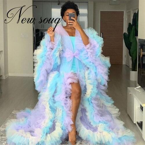 African Tiered Tulle Evening Dress 2021 Dubai Robes De Soiree Rainbow Bridal Ruffled Prom Dress Long Sleeve Sheer Party Dress
