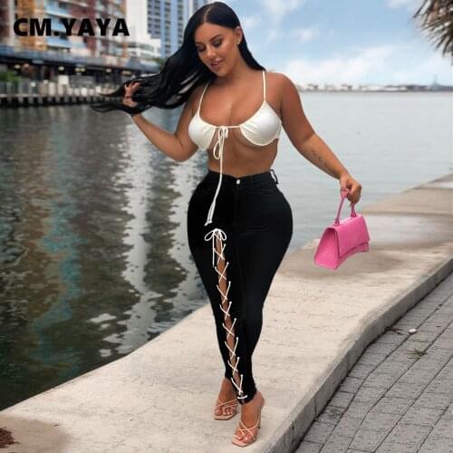 CM.YAYA Women Jeans Solid Mid Waist Zipper Fly Pockets Skinny Bandage Hollow Out Pencil Denim Pants Fashion Streetwear Summer