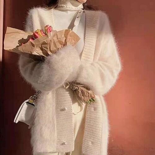 Women Cardigan White Mink Cashmere Sweater Coat Female 2021 Spring Autumn Fairy Style Loose Knitted Tops Fashion Sweet Jacket