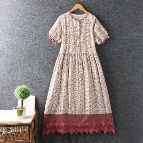 New Summer Women Cotton and linen dress Japan Style Mori Girl O-Neck Lace Floral Print Short Sleeve Women Loose Long Dress