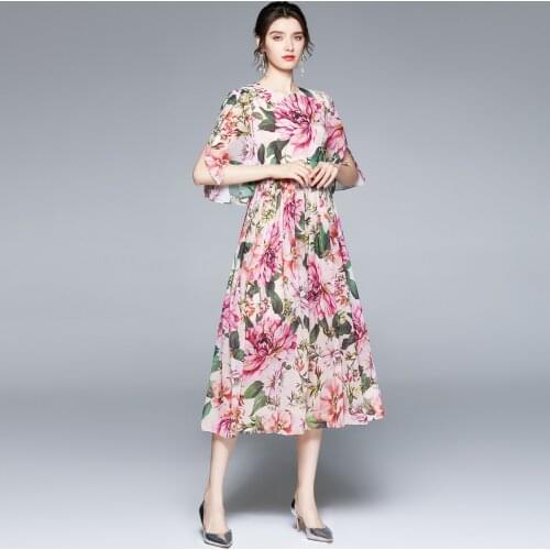 JSXDHK 2021 Summer New Peony Printed Dress Elegant Women Chiffon Split Short Sleeve Pink Flower High Waist Holiday Long Vestidos