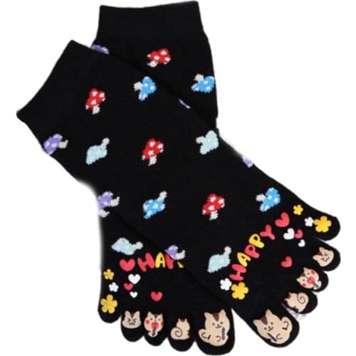 1pair Women Cute Five Fingers Toe Socks Colorful Mushroom Cartoon Cat Print Hosiery Dropshipping