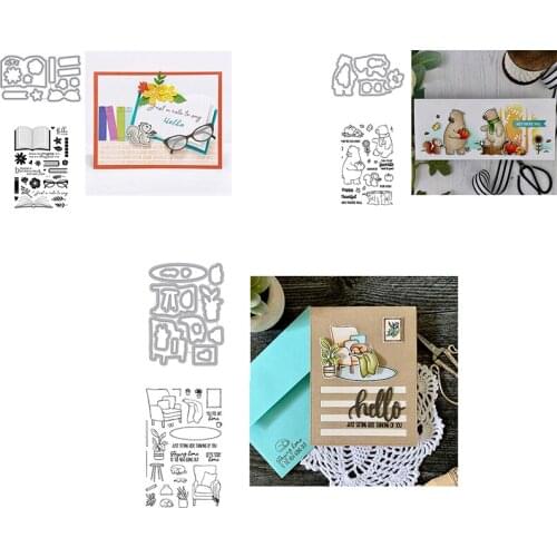 2pcs/set Stamps & Dies Combos Brochure Spectacles Couch Blanket Potted Plant Stump Pumpkin Bears DIY Craft Scrapbooking Project