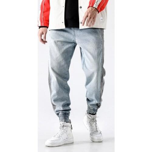 2021 High Street Fashion Men Jeans Light Blue White Wash Stripe Spliced Tapered Pants Punk Style Jogger Pants Hip Hop Jeans Men
