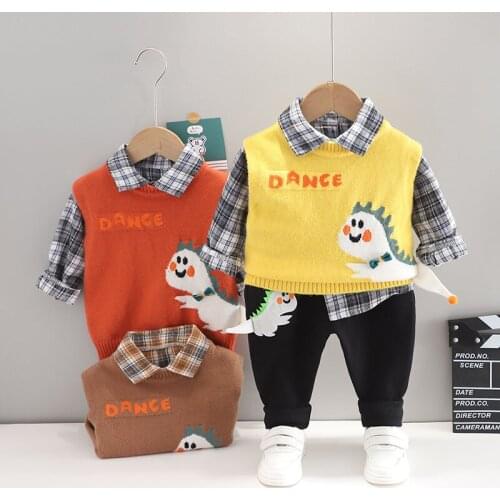 New Children Baby Boy Dinosaur Sweater Cartoon Vest Plaid Shirt Pants 3Pcs/Set Kids Infant Clothing Toddler Tracksuit 0-5 YEARS