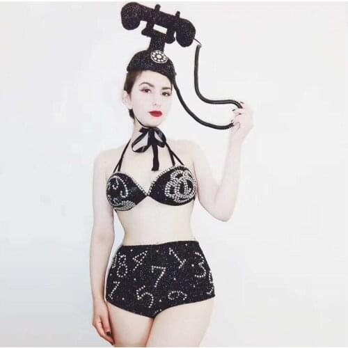 V81 Singer stage perform rhinestones bikini bodysuit black crystal phone headwear cosplay party dress diamonds bra outfit bar ds